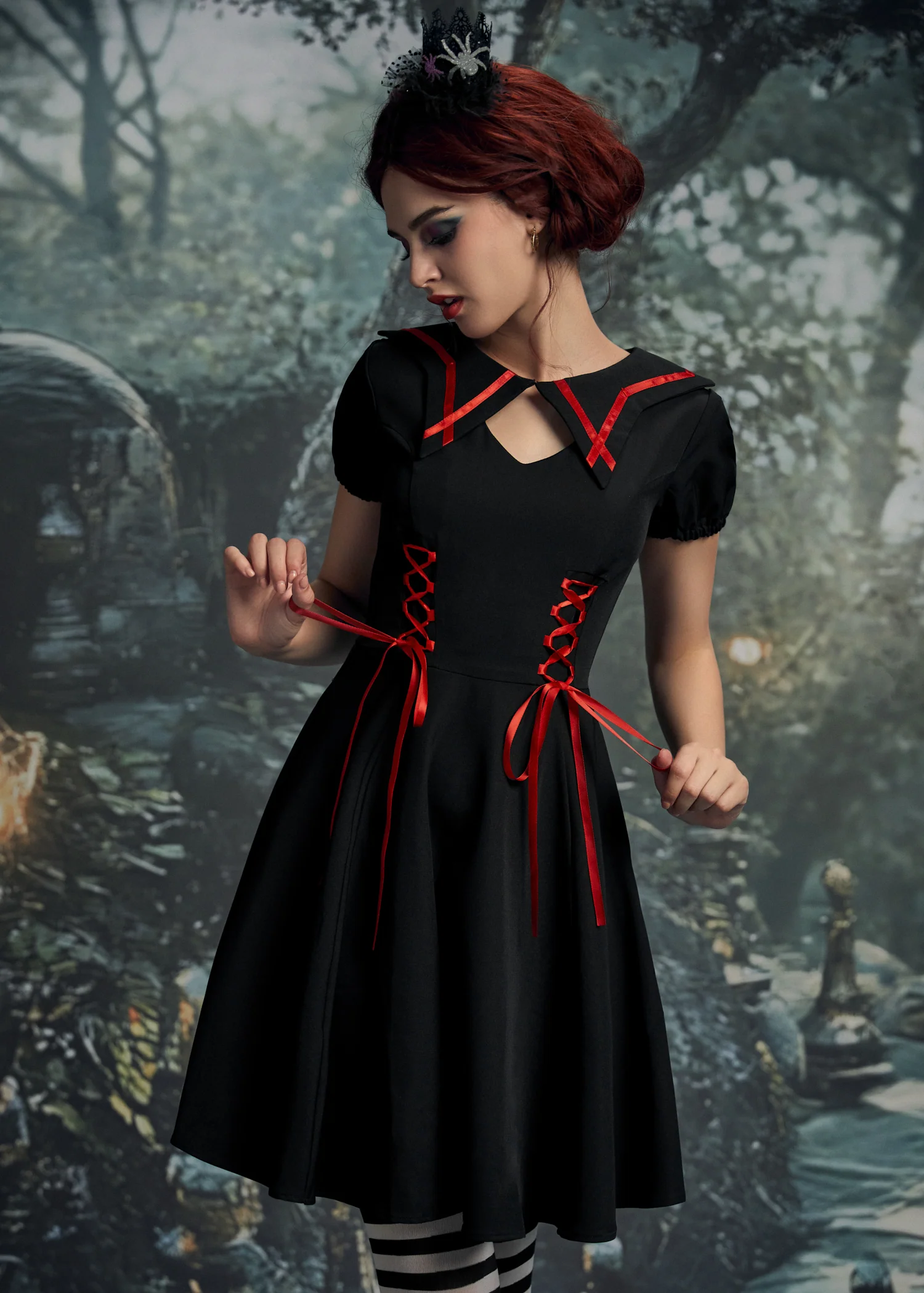 Black & Red Trim Gothic Swing Dress - Image 7