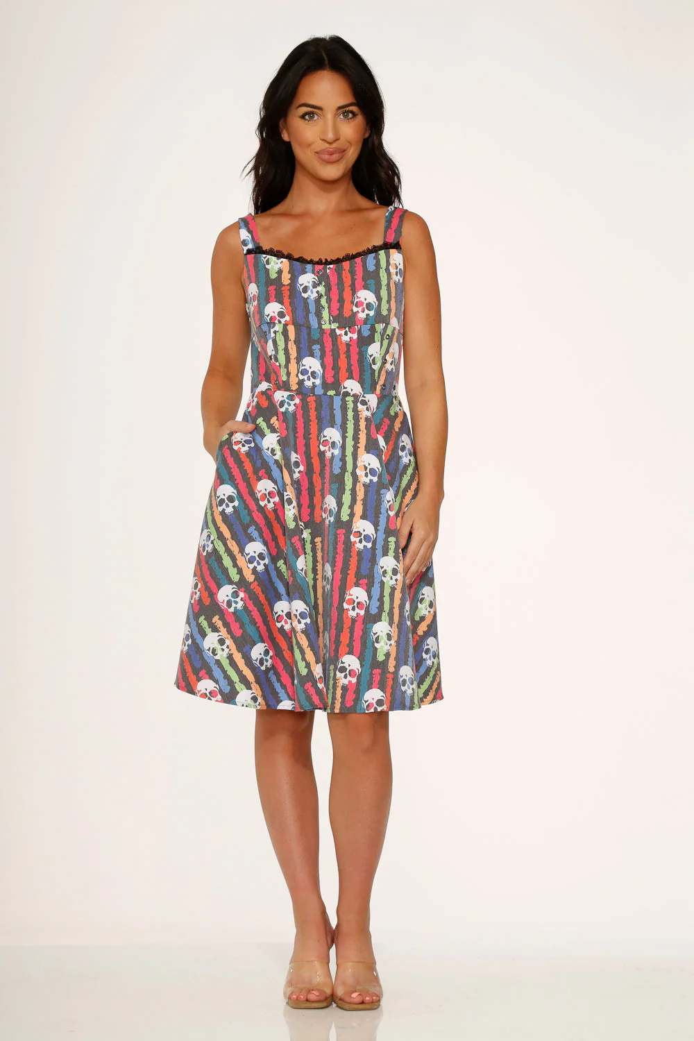 Black Skulls Rainbow Swing Dress - Image 2