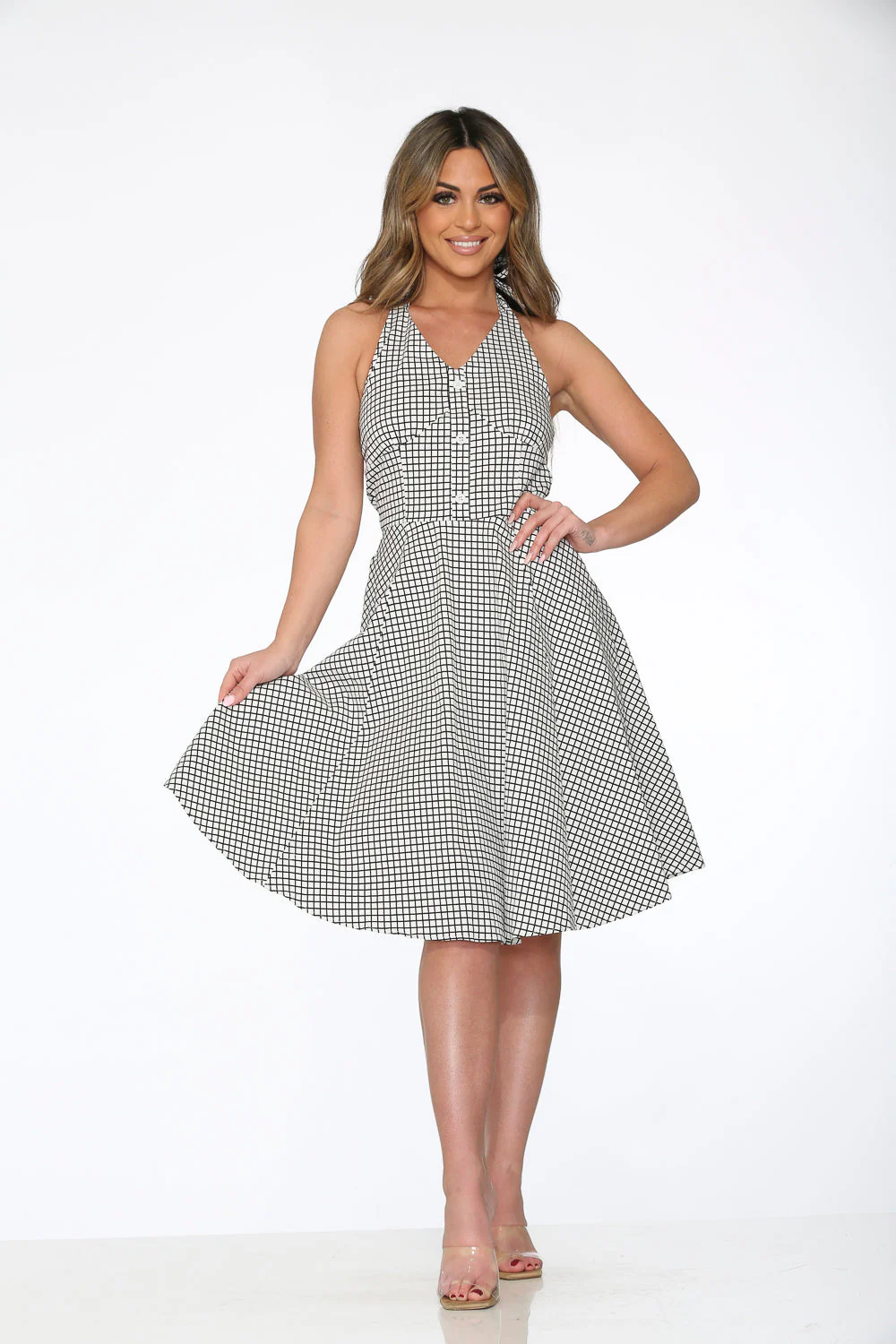 White & Black Checkmate Halter Swing Dress - Image 6