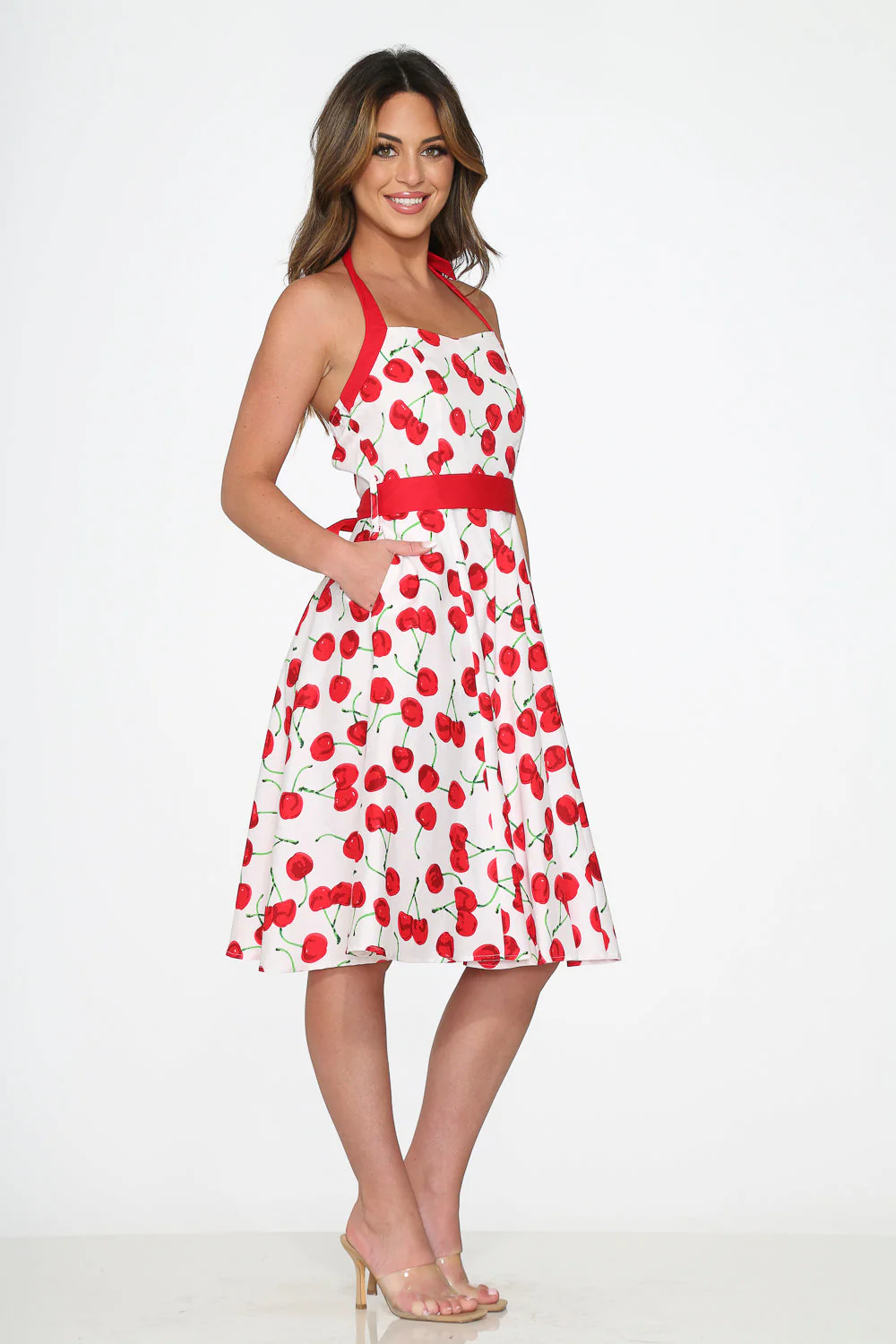 White Red Cherry Halter Swing Dress - Image 6