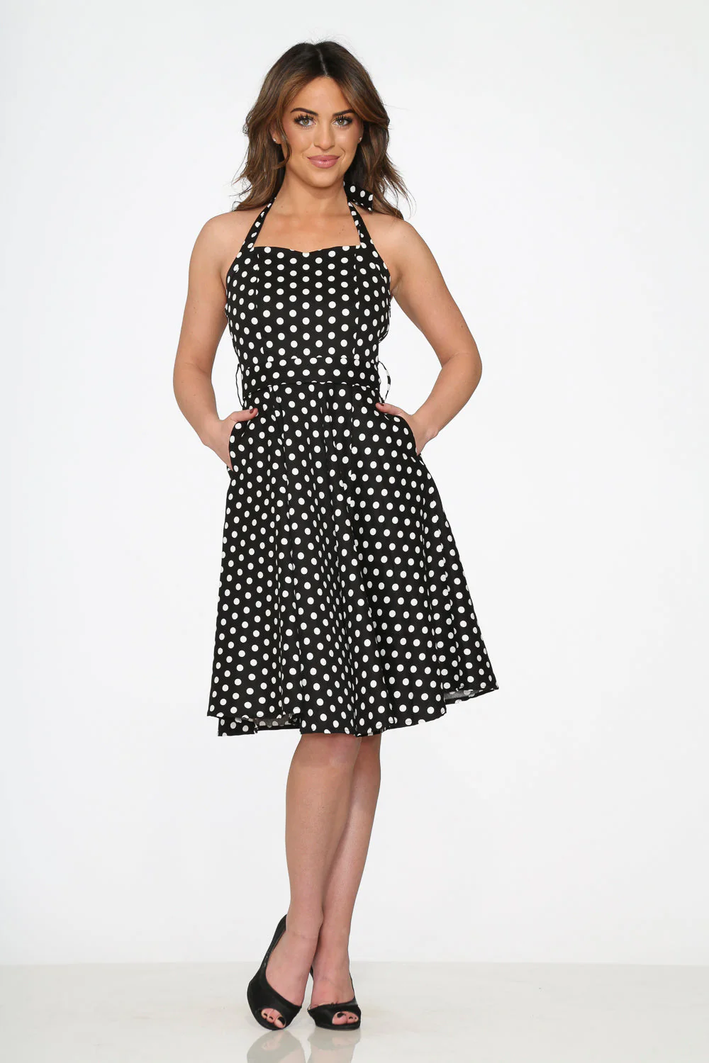 Black & White Polka Dot Halter Swing Dress - Image 3