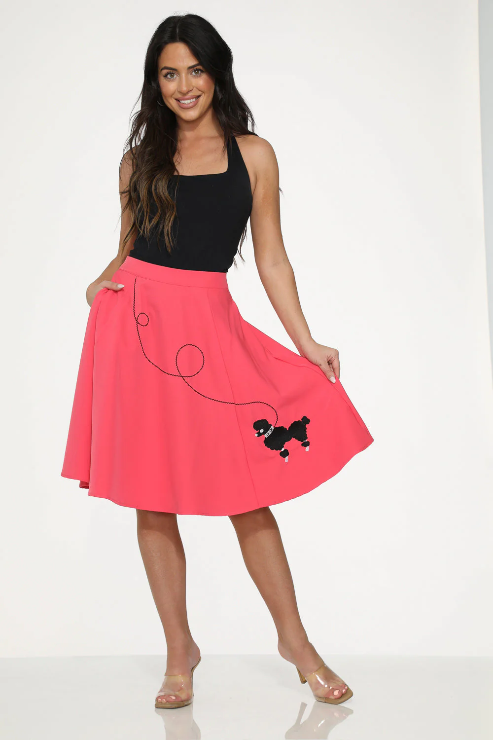 Hot Pink Black Embroidered Poodle Swing Skirt - Image 3