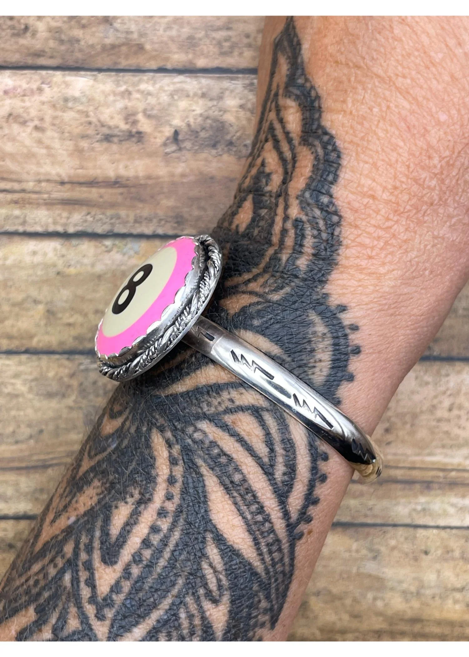 Sterling Silver Cuff Bracelet Pink Billiard 8-Ball - Image 2