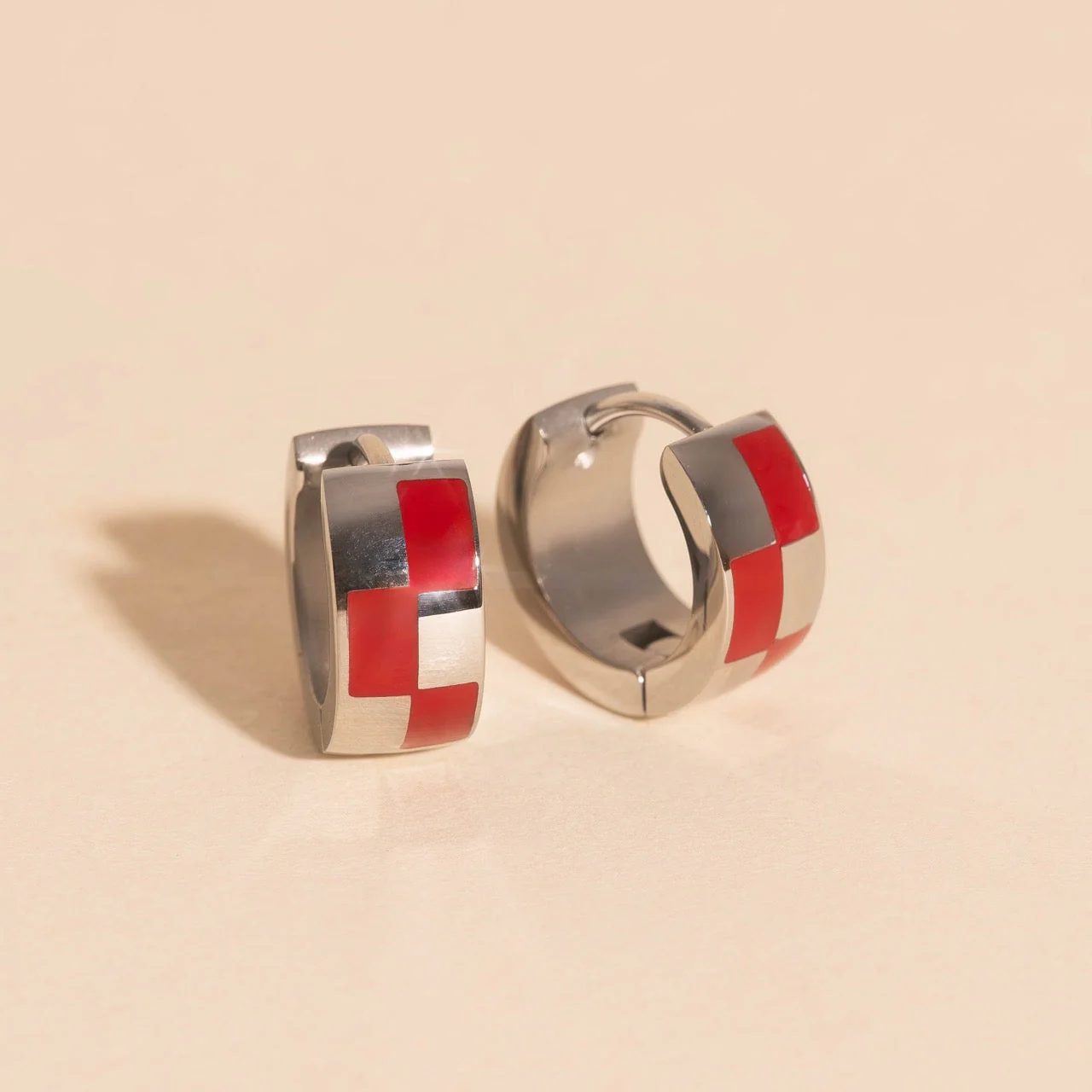 Checkered Rounded Super Chunky Huggie Hoop Earrings - Image 13