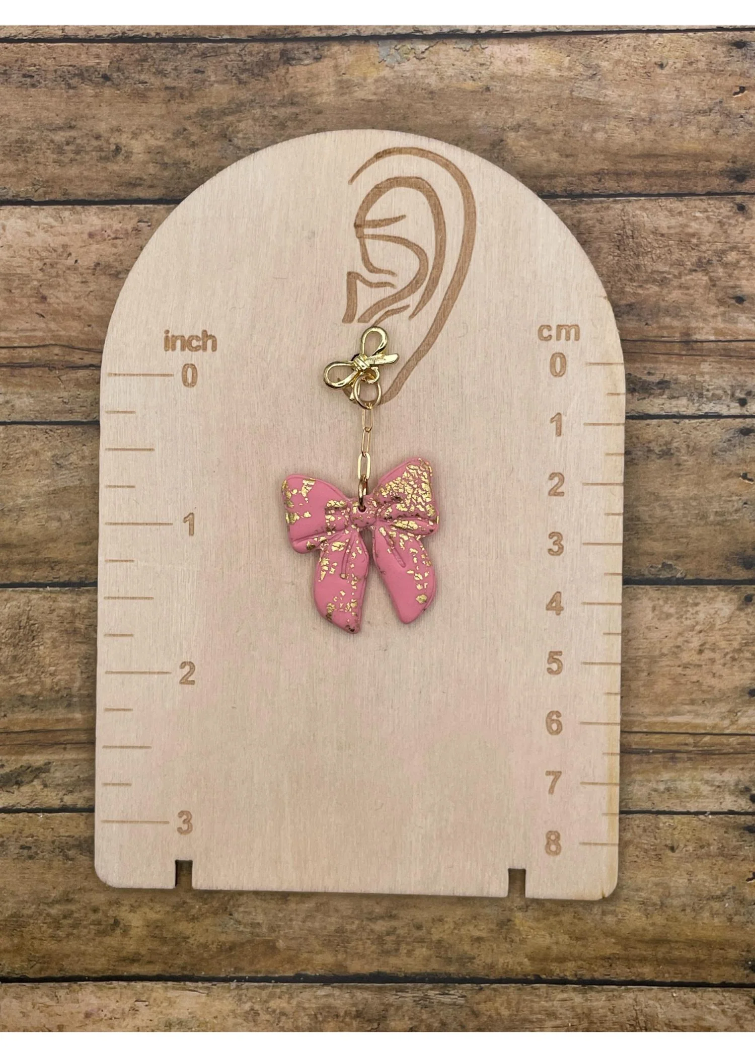 Pink Sparkle Bow Earrings with Gold Studs - Image 2