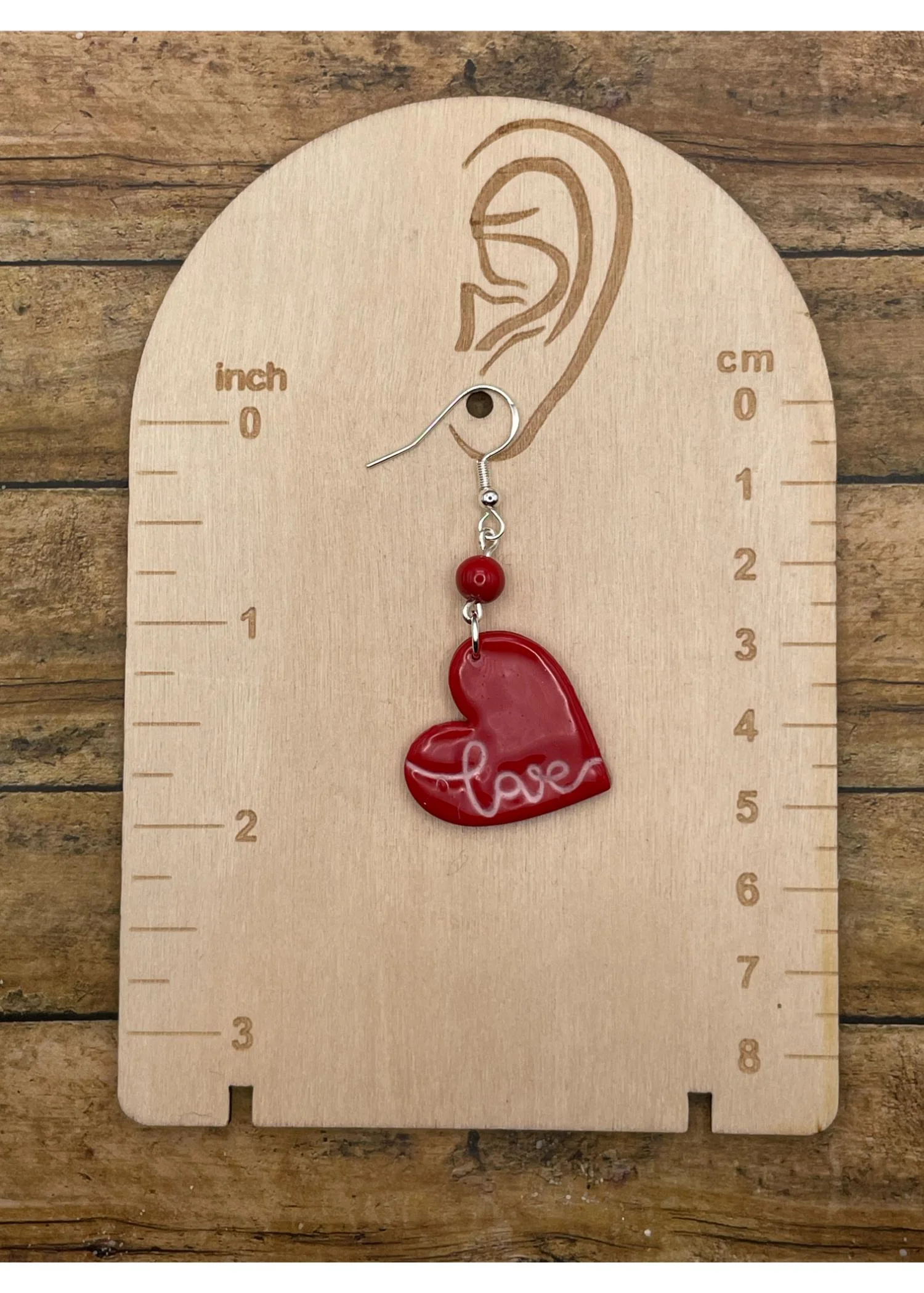 Red Heart Earrings with Love Script - Image 2