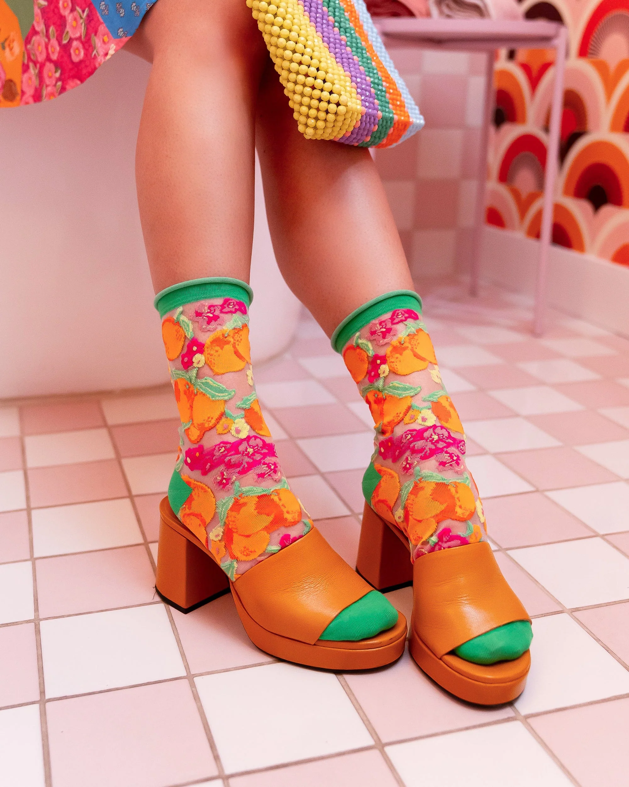 Orange Floral Sheer Crew Sock - Image 2