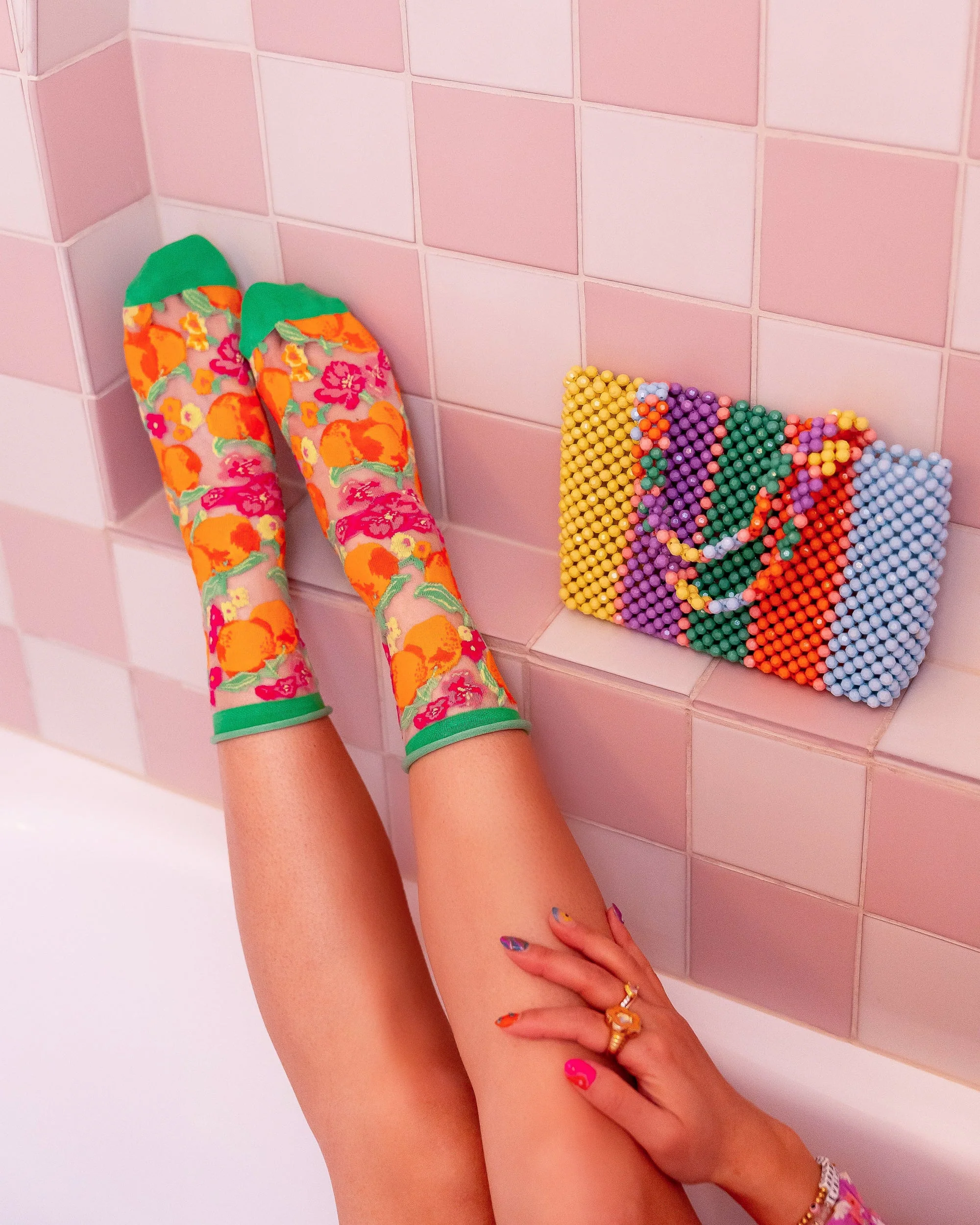 Orange Floral Sheer Crew Sock - Image 4