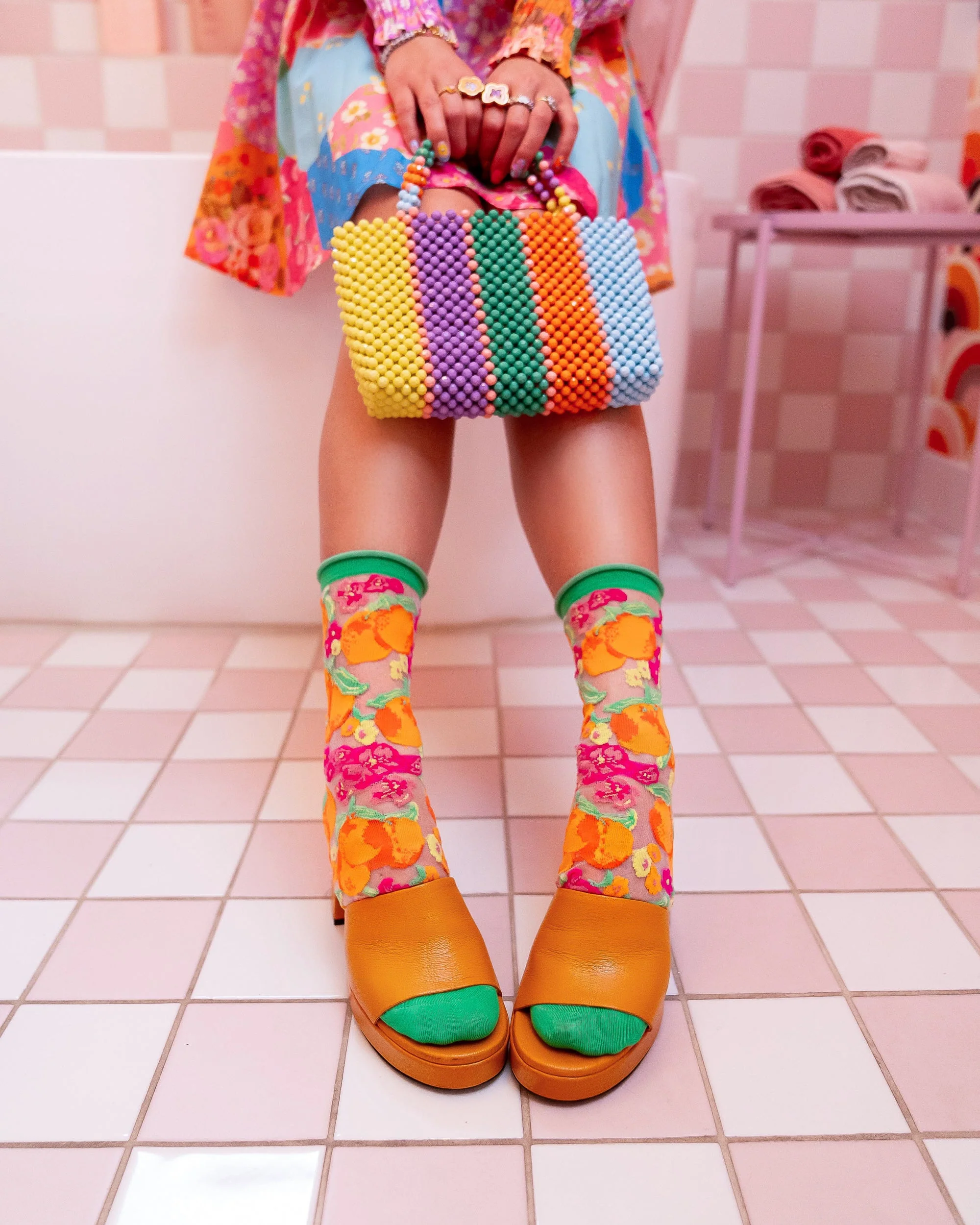 Orange Floral Sheer Crew Sock - Image 7