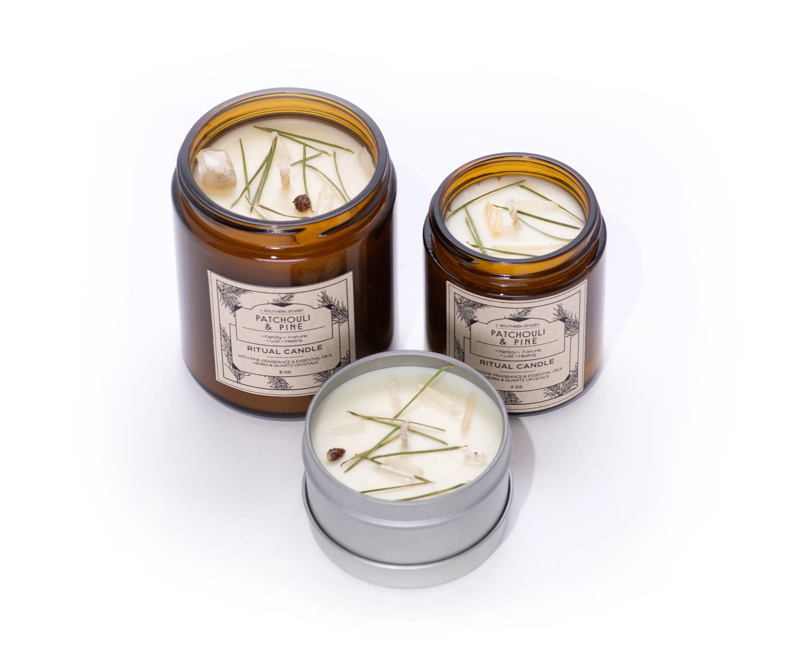 Patchouli & Pine Ritual Candle with Quartz and Herbs - Image 2
