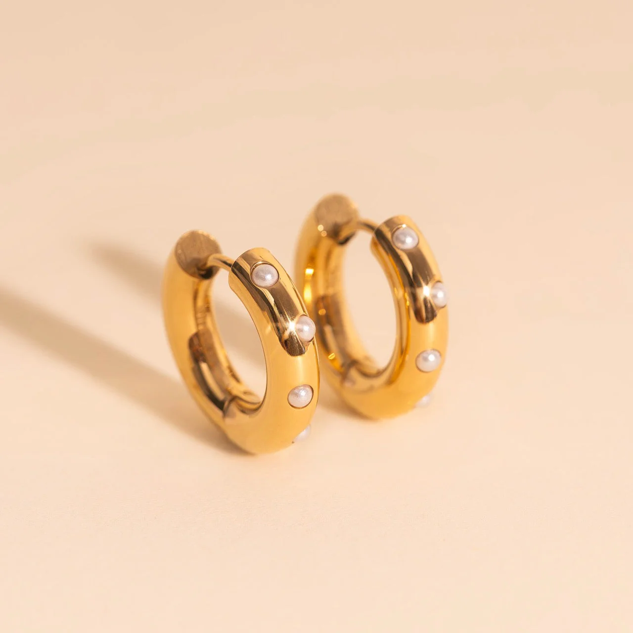 Pearl Chunky Rounded Huggie Hoop Earrings - Image 10