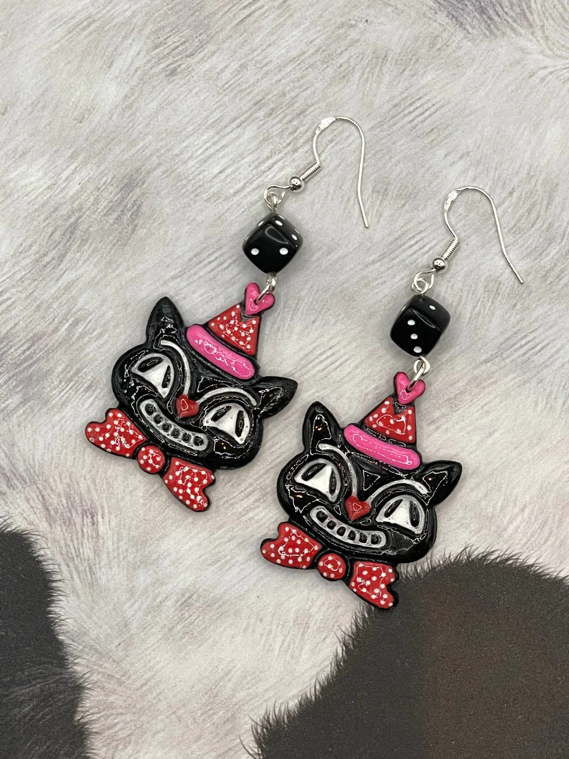 Retro Black Cat with Party Hat Earrings - Image 2