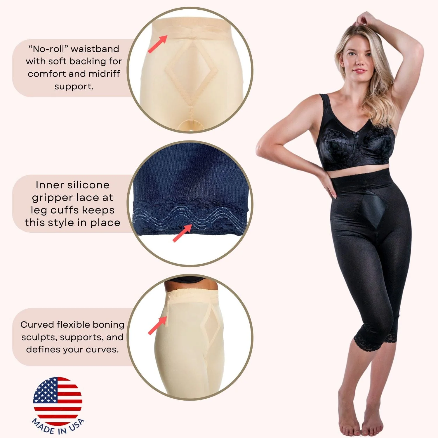 High Waist Capri Pant Liner with Tummy Control Satin Panel | Memory Compression Fabric | Medium Support | Style 6266 - Image 3
