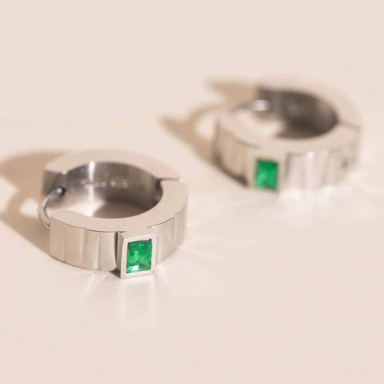 Textured Emerald Crystal Chunky Huggie Hoop Earrings - Image 5